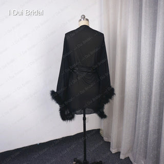 Bride Short Chiffon Robe with Marabou Trim on Sleeve Summer Holiday Dress with Sash Sexy Night Gown Pajamas Bachelore Party Robe