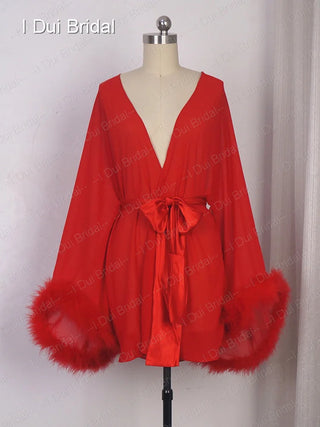 Bride Short Chiffon Robe with Marabou Trim on Sleeve Summer Holiday Dress with Sash Sexy Night Gown Pajamas Bachelore Party Robe