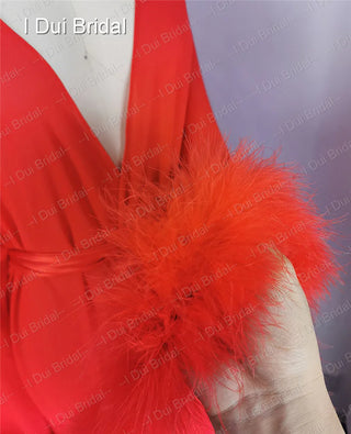 Bride Short Chiffon Robe with Marabou Trim on Sleeve Summer Holiday Dress with Sash Sexy Night Gown Pajamas Bachelore Party Robe