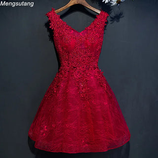 Robe de soiree Wine Red Elegant Pearl Black Lace Evening Dresses Short V-Neck Beading Graduation Party Prom Dress Customized
