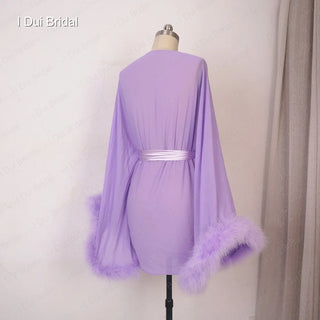 Bride Short Chiffon Robe with Marabou Trim on Sleeve Summer Holiday Dress with Sash Sexy Night Gown Pajamas Bachelore Party Robe