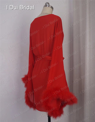 Bride Short Chiffon Robe with Marabou Trim on Sleeve Summer Holiday Dress with Sash Sexy Night Gown Pajamas Bachelore Party Robe
