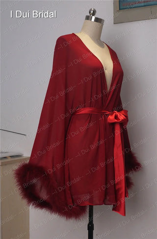 Bride Short Chiffon Robe with Marabou Trim on Sleeve Summer Holiday Dress with Sash Sexy Night Gown Pajamas Bachelore Party Robe