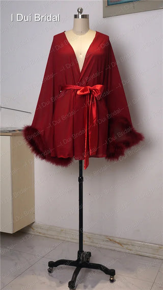 Bride Short Chiffon Robe with Marabou Trim on Sleeve Summer Holiday Dress with Sash Sexy Night Gown Pajamas Bachelore Party Robe