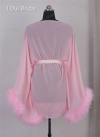 Bride Short Chiffon Robe with Marabou Trim on Sleeve Summer Holiday Dress with Sash Sexy Night Gown Pajamas Bachelore Party Robe