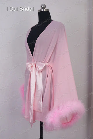 Bride Short Chiffon Robe with Marabou Trim on Sleeve Summer Holiday Dress with Sash Sexy Night Gown Pajamas Bachelore Party Robe