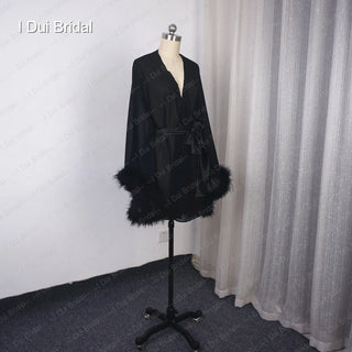Bride Short Chiffon Robe with Marabou Trim on Sleeve Summer Holiday Dress with Sash Sexy Night Gown Pajamas Bachelore Party Robe