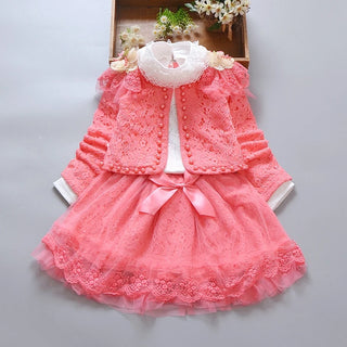 1-8 Years Lovely Kids Girls Clothing Sets 3pcs Short Outwear Jacket+Long Sleeve Shirt+Skirts New Autumn Toddler Girls Suits B333