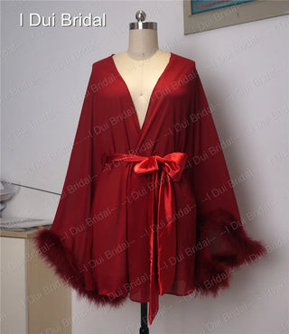 Bride Short Chiffon Robe with Marabou Trim on Sleeve Summer Holiday Dress with Sash Sexy Night Gown Pajamas Bachelore Party Robe