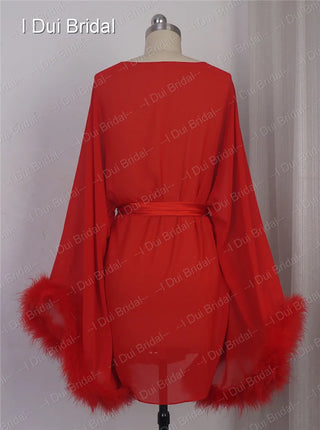 Bride Short Chiffon Robe with Marabou Trim on Sleeve Summer Holiday Dress with Sash Sexy Night Gown Pajamas Bachelore Party Robe