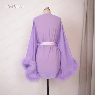 Bride Short Chiffon Robe with Marabou Trim on Sleeve Summer Holiday Dress with Sash Sexy Night Gown Pajamas Bachelore Party Robe