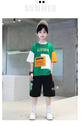 2025 summer Teenager Boys Clothes Casual Outfit Kids Tracksuit Child t shirt + shorts hot pant 4 5 6 7 8 9 10 12 11 13 14 Year
