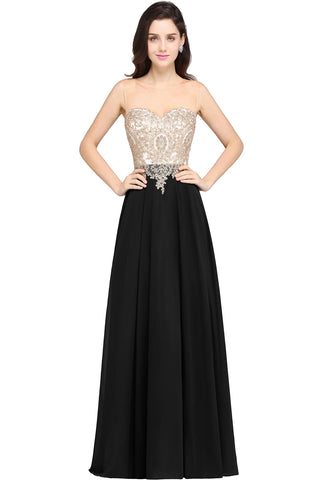 Misshow Chic Black Long Evening Dresses with Floral Appliqués Illusion Neck A Line Chiffon Maxi Gowns Prom Party Robe de Soiree