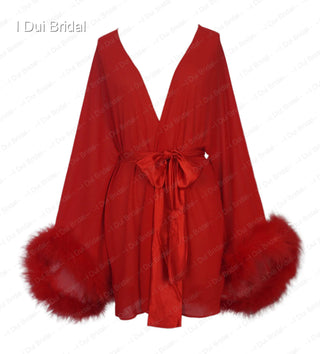 Bride Short Chiffon Robe with Marabou Trim on Sleeve Summer Holiday Dress with Sash Sexy Night Gown Pajamas Bachelore Party Robe