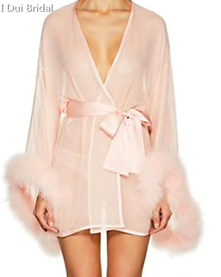 Bride Short Chiffon Robe with Marabou Trim on Sleeve Summer Holiday Dress with Sash Sexy Night Gown Pajamas Bachelore Party Robe
