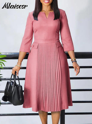 Mlaiscsr Elegant Pink A-line Dresses Women V-neck 3/4 Sleeve Pleat African Party Evening Guest Birthday Midi Dress OL Clothing