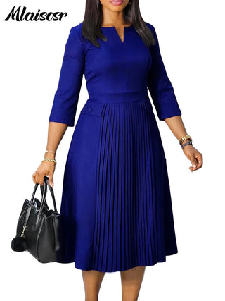 Mlaiscsr Elegant Pink A-line Dresses Women V-neck 3/4 Sleeve Pleat African Party Evening Guest Birthday Midi Dress OL Clothing
