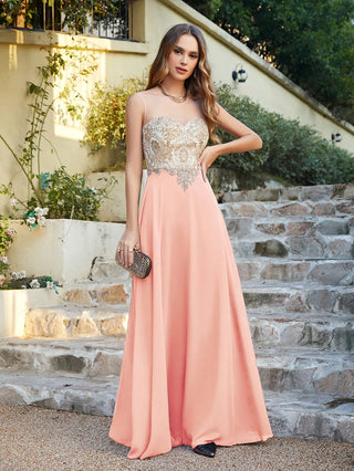 Misshow Chic Black Long Evening Dresses with Floral Appliqués Illusion Neck A Line Chiffon Maxi Gowns Prom Party Robe de Soiree