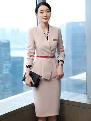 2023 Elegant Women Formal Skirt Suit Ladies Black Purple Pink Long Sleeve V-Neck Female Two Piece Blazer Set
