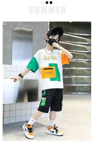 2025 summer Teenager Boys Clothes Casual Outfit Kids Tracksuit Child t shirt + shorts hot pant 4 5 6 7 8 9 10 12 11 13 14 Year