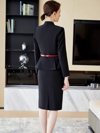 2023 Elegant Women Formal Skirt Suit Ladies Black Purple Pink Long Sleeve V-Neck Female Two Piece Blazer Set
