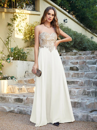 Misshow Chic Black Long Evening Dresses with Floral Appliqués Illusion Neck A Line Chiffon Maxi Gowns Prom Party Robe de Soiree