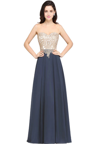 Misshow Chic Black Long Evening Dresses with Floral Appliqués Illusion Neck A Line Chiffon Maxi Gowns Prom Party Robe de Soiree
