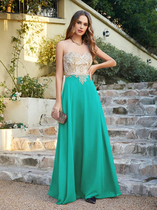 Misshow Chic Black Long Evening Dresses with Floral Appliqués Illusion Neck A Line Chiffon Maxi Gowns Prom Party Robe de Soiree