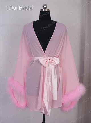 Bride Short Chiffon Robe with Marabou Trim on Sleeve Summer Holiday Dress with Sash Sexy Night Gown Pajamas Bachelore Party Robe