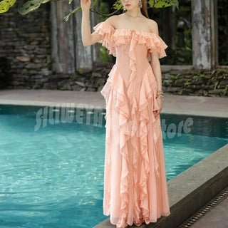 Chic Chiffon Evening Dresses Fashion Ruched Off The Shoulder A-Line Dress Formal Dinner Prom Club Women Party Gown Simple Style