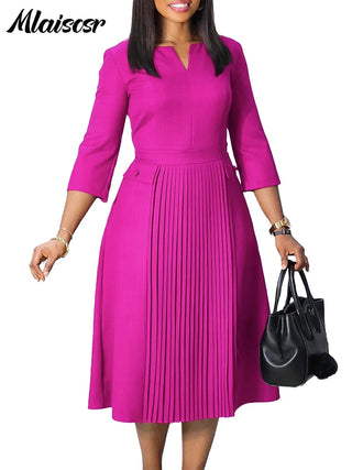 Mlaiscsr Elegant Pink A-line Dresses Women V-neck 3/4 Sleeve Pleat African Party Evening Guest Birthday Midi Dress OL Clothing